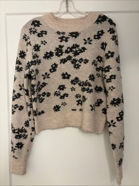 Z Supply Beige Crewneck Sweater with Black Floral Print